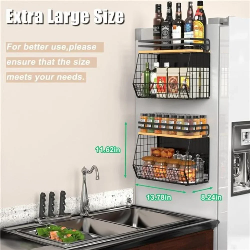 Magnetic Shelf for Fridge with Wood Lid, Fruit Potato & Onion Storage Bins,